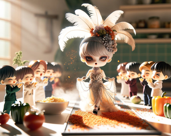 Doll in Glamorous Gown Surrounded by Cheerful Figurines