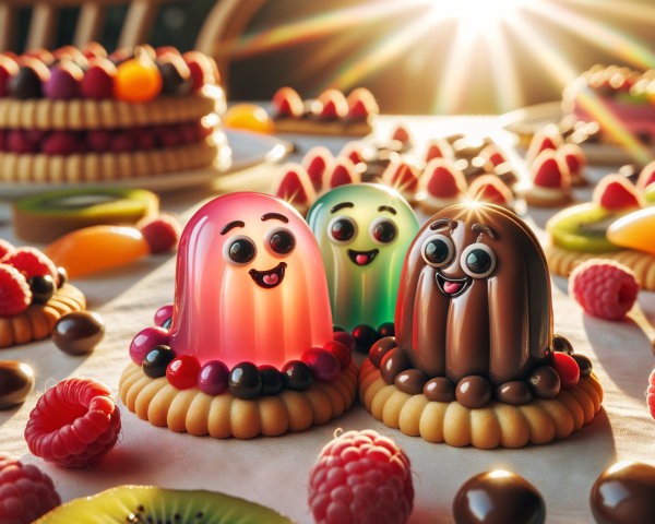 Colorful Jelly Figures on Cookie Bases with Fruits