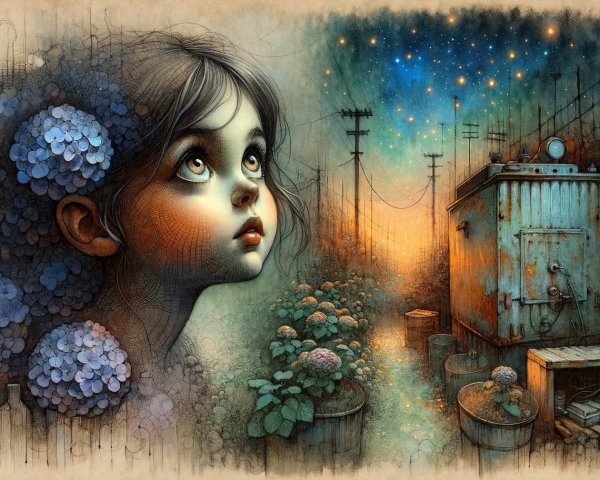 Whimsical Landscape with Girl and Urban Elements