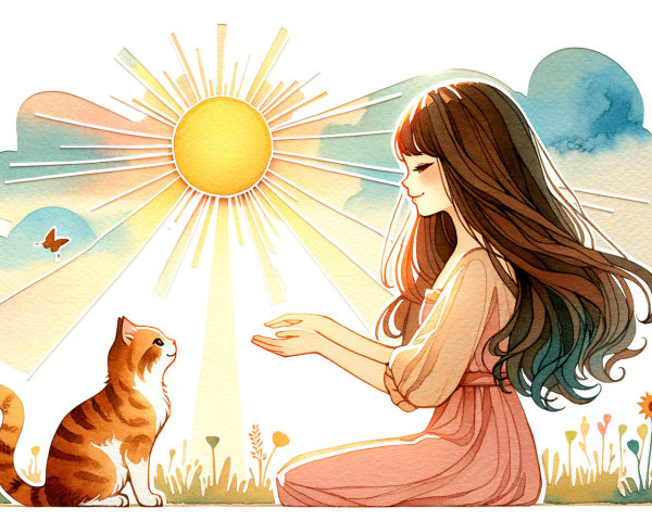 Serene Scene of Woman and Cat in Nature's Embrace