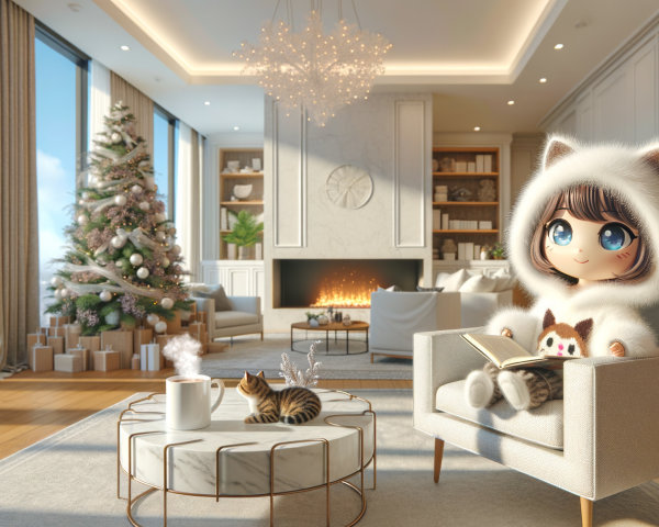 Cozy Modern Living Room with Snowy Landscape and Cat