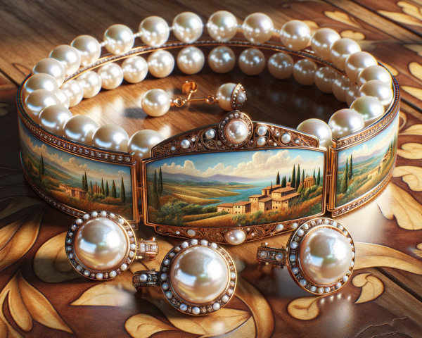 Elegant Pearl Necklace with Tuscan Landscape Plaque
