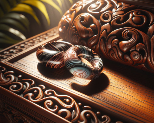 Swirled Rings on Textured Wooden Surface with Foliage