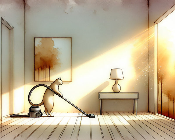 Cat Operating Vacuum Cleaner in Cozy Room Setting
