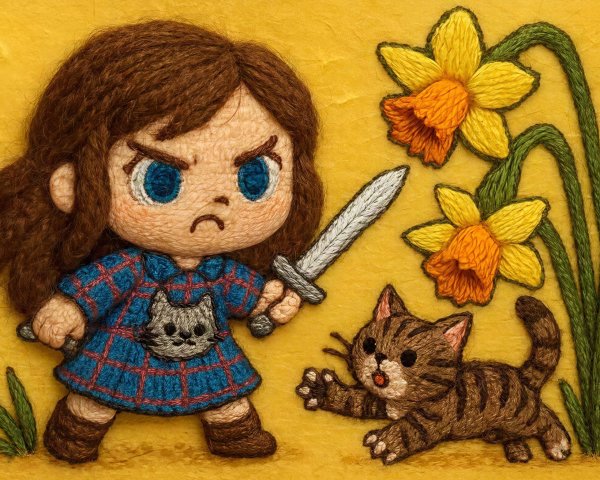 Embroidery of a chibi girl warrior with a kitten