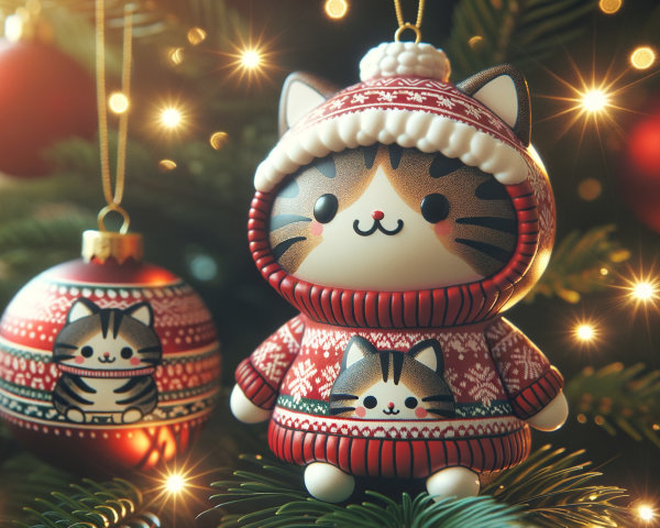 Festive Cat Figurine in Sweater with Christmas Lights