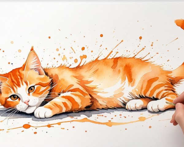 Orange Tabby Cat on White Surface with Watercolor Splashes