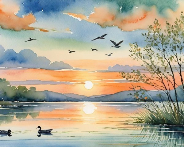 Tranquil Watercolor Landscape of Sunset Lake