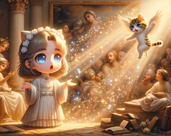 Chibi-style girl in ornate setting with winged kitten