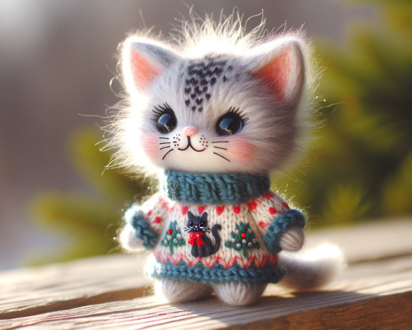 Handmade Cat Doll in Sweater with Festive Motifs
