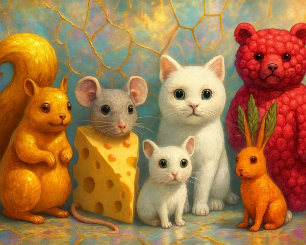 Vibrant 2D Digital Painting of Six Animal Characters