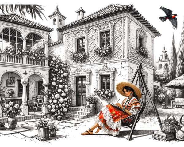 Charming Courtyard with Houses and Relaxing Woman