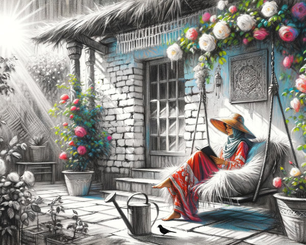 Serene Garden Scene with Woman in Red Dress Reading
