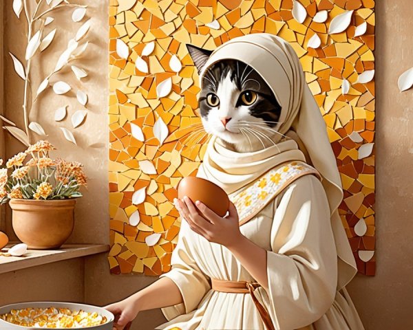 Whimsical figure with cat's head in sunlit room