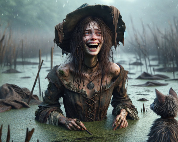 Young Woman in Muddy Swamp with Curious Cat