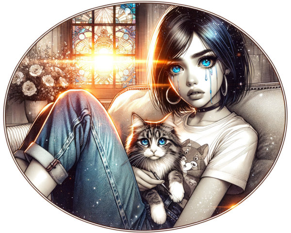 Girl with Blue Eyes and Cat in Serene Setting