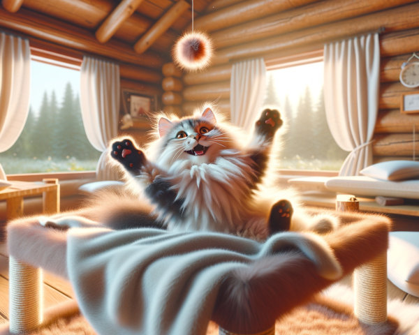 Cozy Log Cabin with Fluffy Cat Playing in Sunlight