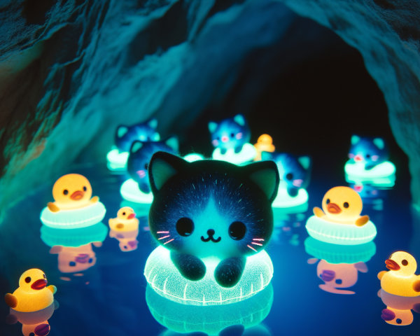 Glowing Cat and Duck Figurines in a Cave Pool
