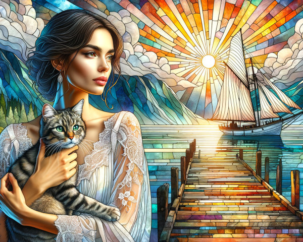 Woman with Cat in Front of Vibrant Stained Glass Scene