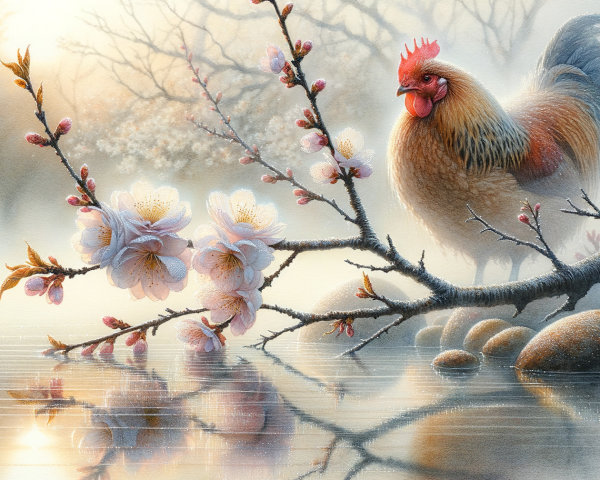 Serene Landscape with Rooster and Blossoming Branch