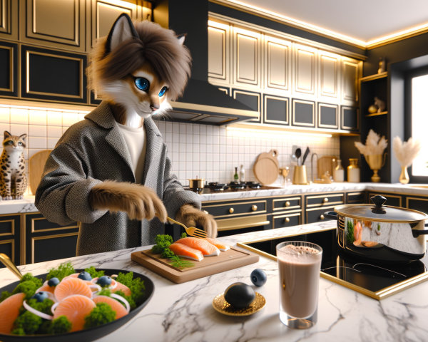 Elegant Kitchen Scene with Furry Cat Preparing Meal
