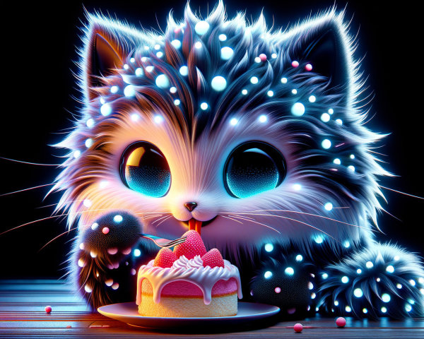 Glowing Kitten Enjoying Cake with Strawberries and Cream