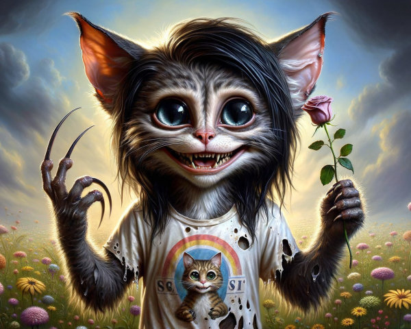 Whimsical creature with rose in colorful flower setting