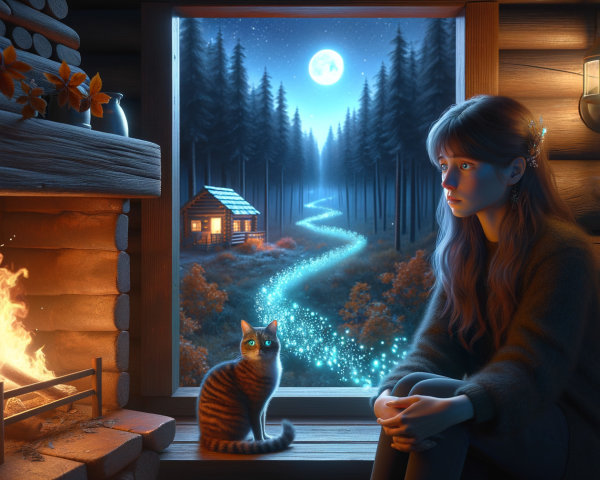 Cozy Cabin Scene with Woman and Cat by Firelight