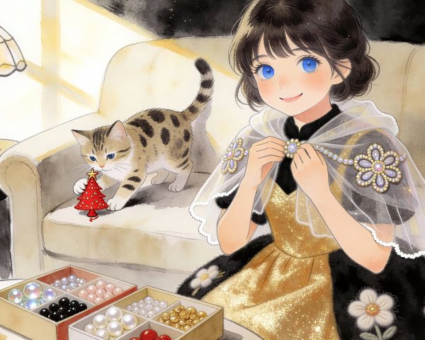 Young girl in elegant dress with cat and festive decor