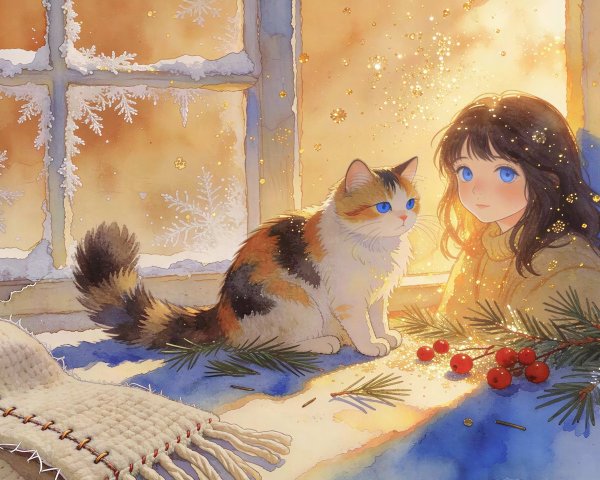 Watercolor depiction of a girl and cat by a window