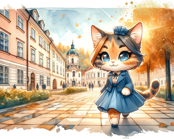 Cartoon Feline Character in Autumn Street Scene
