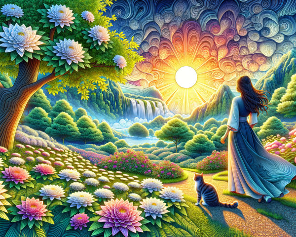 Surreal Landscape with Woman, Flowers, and Lake