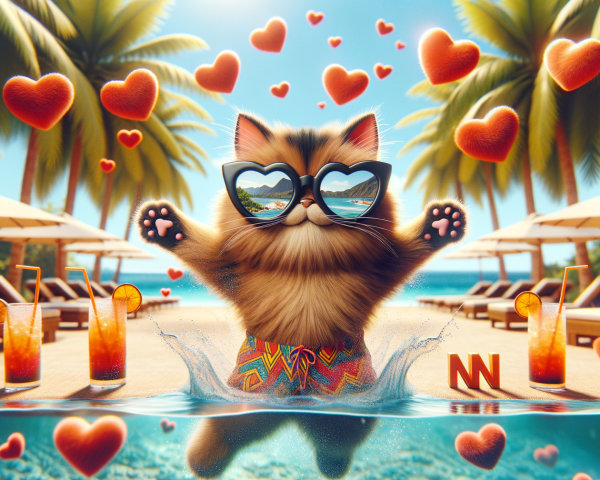Playful Cat Splashing in Pool with Tropical Vibe