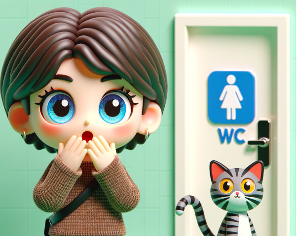 Cartoon Character and Cat by Bathroom Door Scene