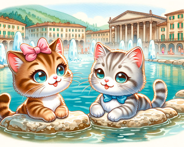 Kittens in Fountain Surrounded by Charming Plaza Scene