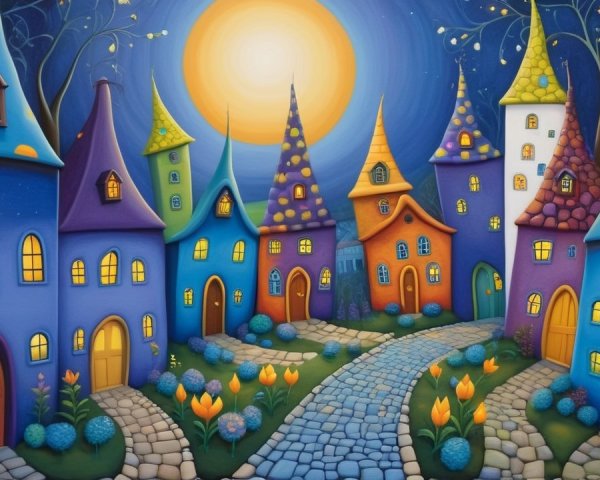Whimsical Village Scene Under Starry Night Sky