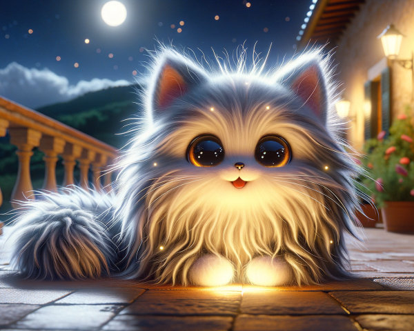 Fluffy Creature on Terrace Under Starry Night Sky