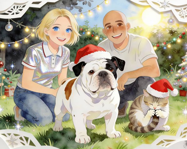 Christmas Watercolor Illustration Featuring Bulldog and Friends