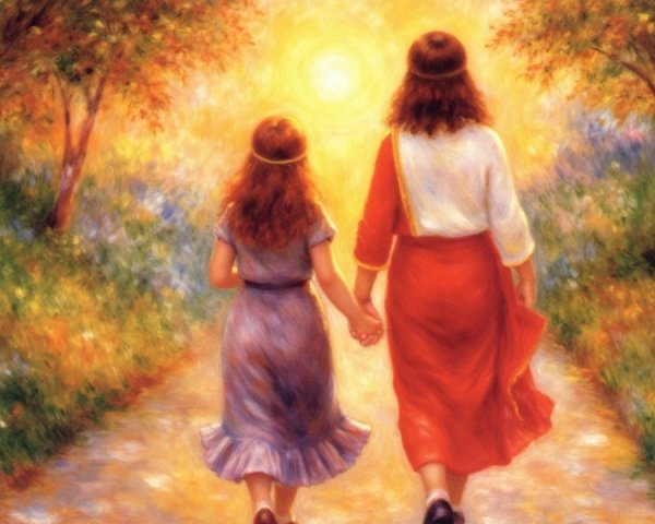 Woman and girl walking on a sunlit path with trees