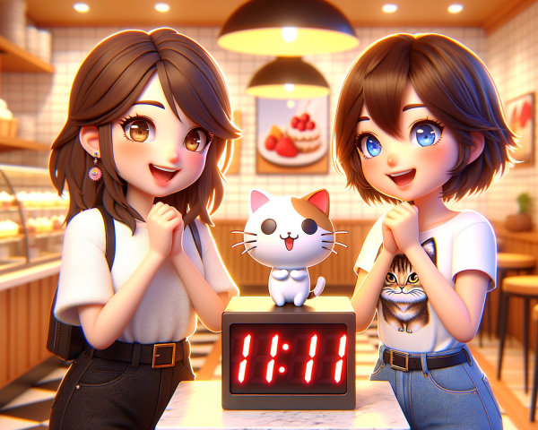 Cheerful Girls and Cat by Digital Clock in Café