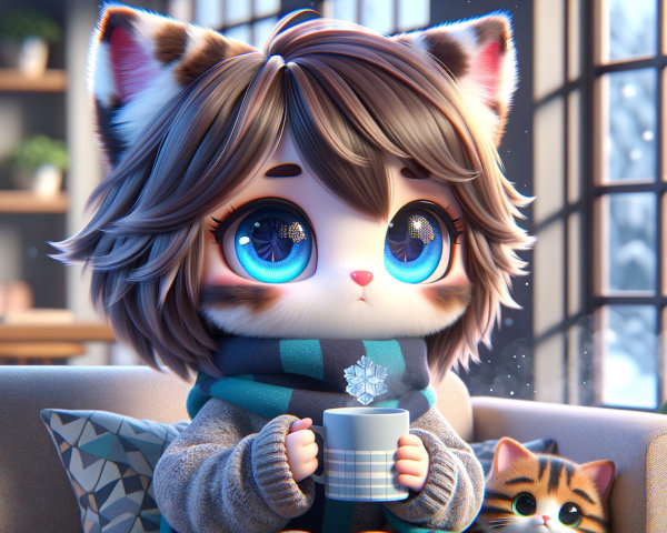 Cozy Winter Scene with Cat-Eared Character and Kitten