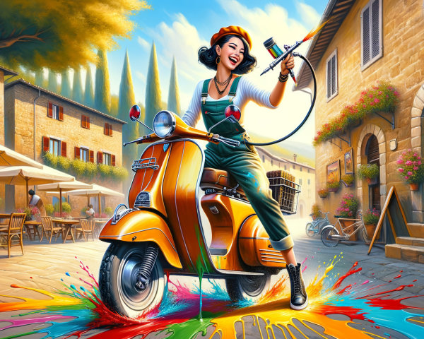 Vibrant Street Scene with Woman on Orange Scooter