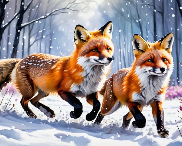 Red Foxes in Snowy Forest with Wildflowers and Trees