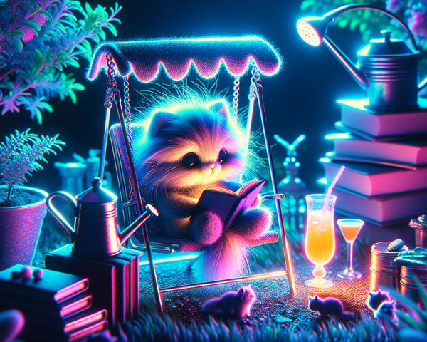 Fluffy Pomeranian on Swing in Vibrant Garden Scene