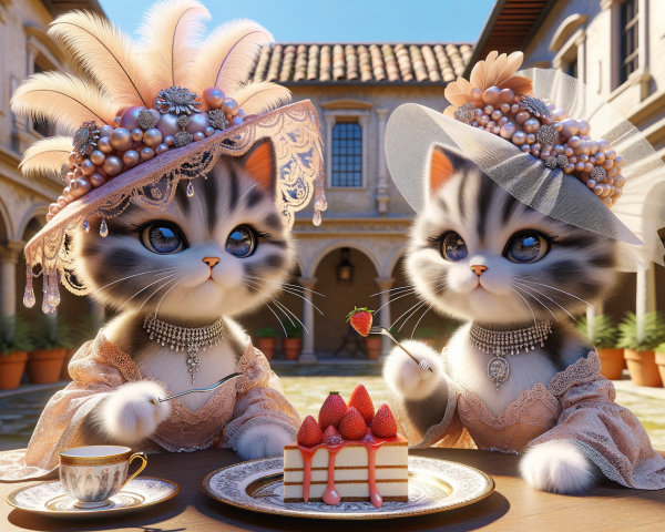 Cats in Courtyard Enjoying Afternoon Tea Together