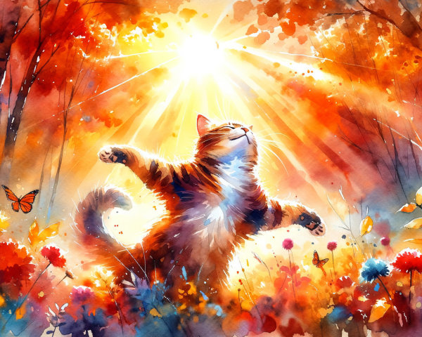 Watercolor of a cat in sunlight among flowers