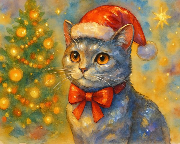 Festive Watercolor of Cat in Santa Hat and Christmas Tree