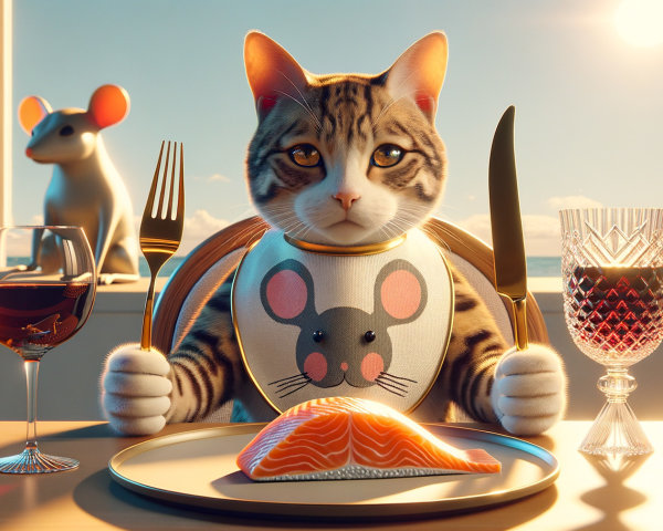 Cat in Bib at Dining Table with Salmon and Mouse