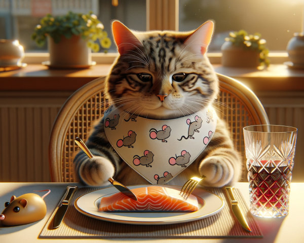 Tabby Cat Dressed for Dinner at a Sunlit Table