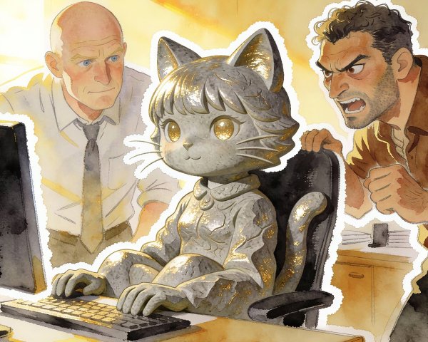 Watercolor depiction of a stone cat-girl in an office